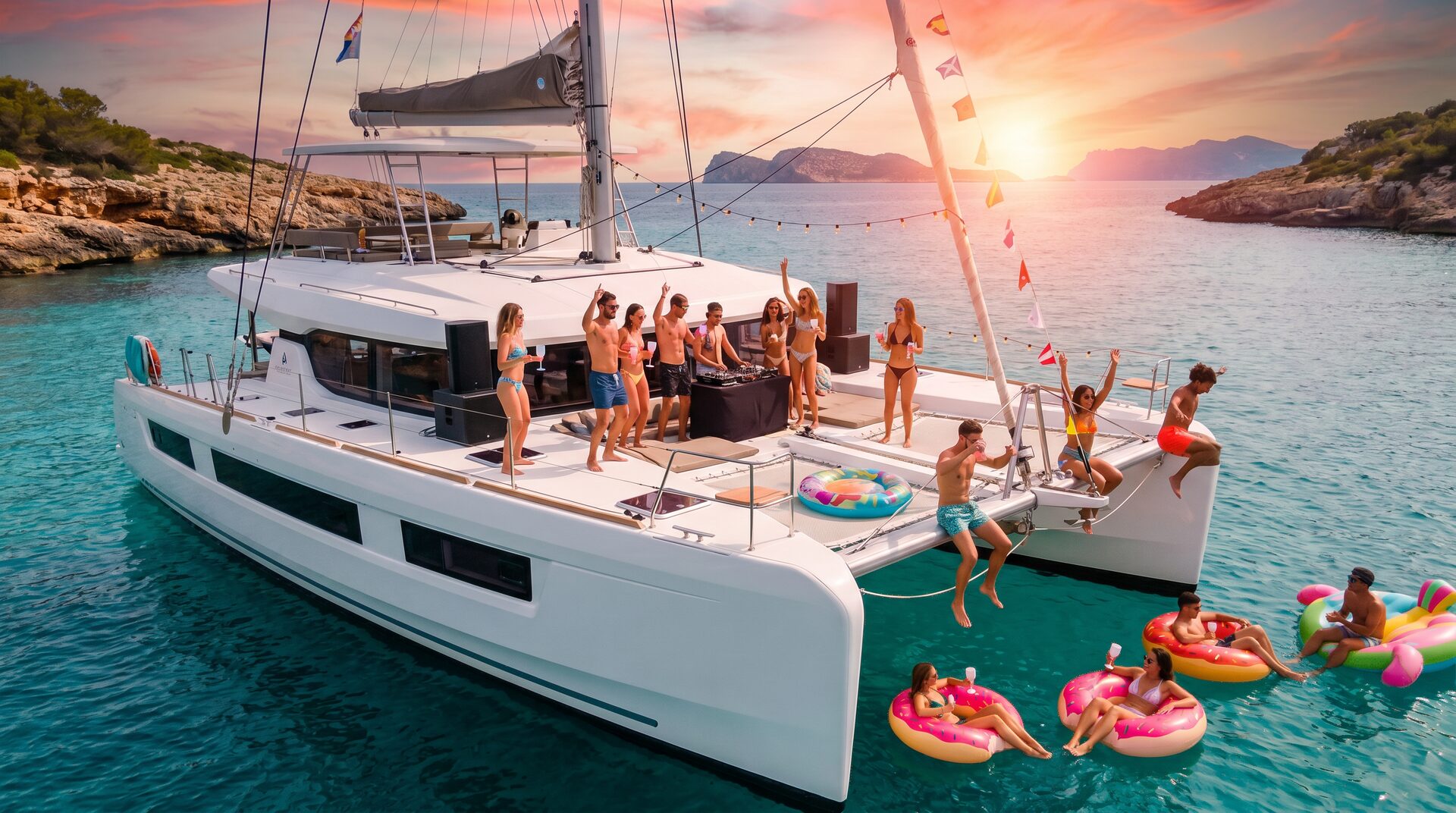 Alquiler de Barcos para Fiestas y Despedidas: Catamaranes & Yates 2026 1 Catamarán al atardecer en costa mediterránea española con fiesta privada, grupo de amigos bailando y bañándose en cala turquesa estilo Ibiza Mallorca