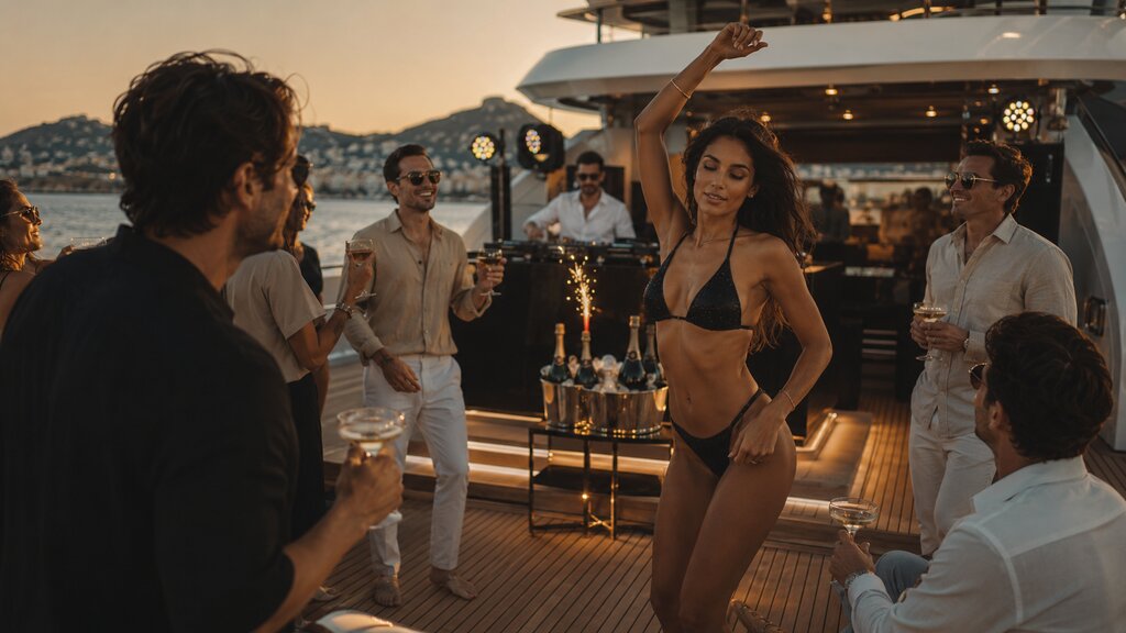 Barco con stripper y show espectacular para despedida en Ibiza con fuegos artificiales
