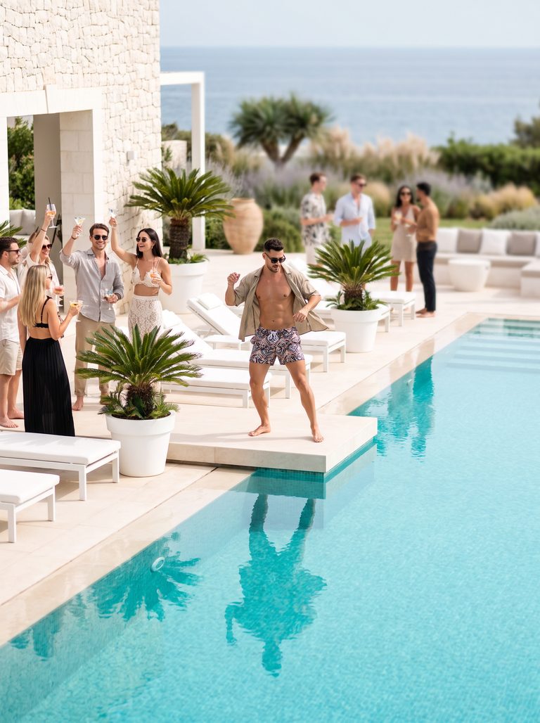 Gogo masculino bailando en pool party