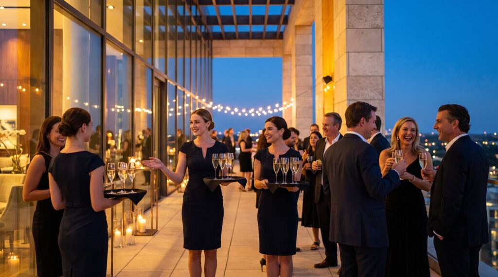 Hostess en Madrid para Fiestas Privadas desde 250 € | 2026 1 Hostess elegantes dando la bienvenida a invitados en un evento VIP de lujo