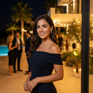 Hostess elegante en fiesta privada en villa de lujo