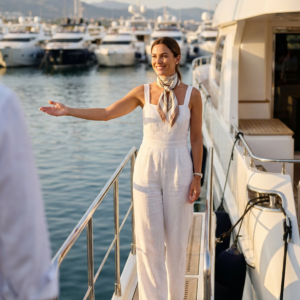 Hostess elegante dando la bienvenida en yate de lujo